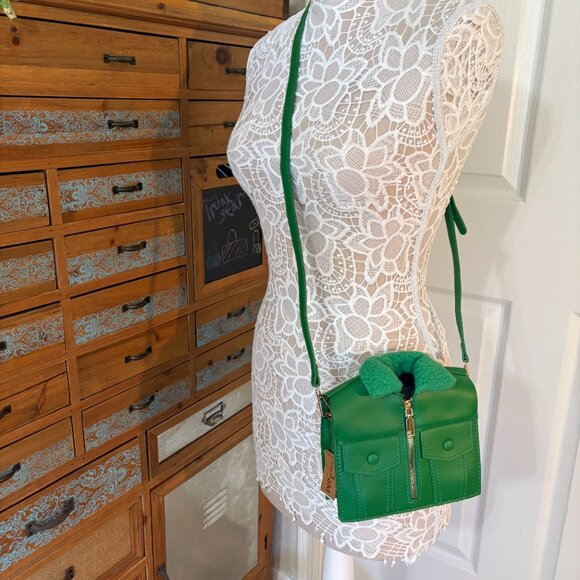 Jacket Shaped Crossbody Bag/ Faux Fur & Leather Coat Purse - Green - NWT - Picture 2 of 9